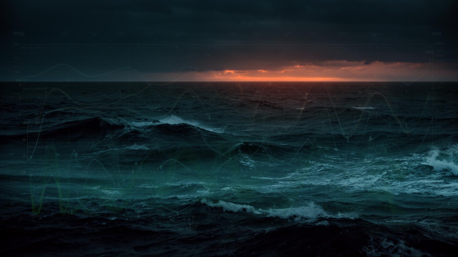 Oceano dramático com sobreposição de dados climáticos